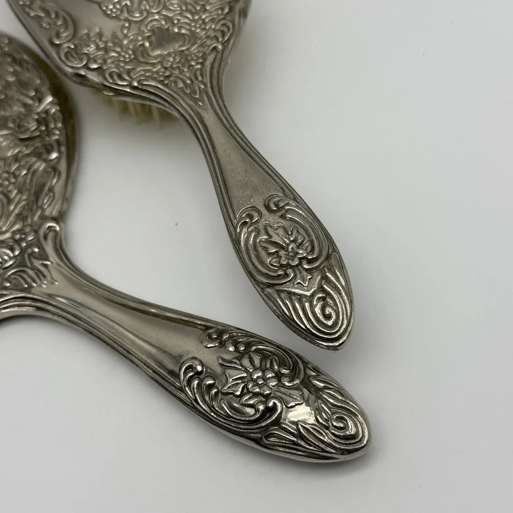 Vintage Silverplate Vanity Hand Mirror & Hair Brush Set Ornate Floral Repousse